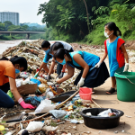**

"A diverse group of Malaysian people participating in a *gotong-royong* (community cleanup) river cleanup. Focus on the teamwork and positive atmosphere. Show various ages, ethnicities, and backgrounds working together to collect trash from a heavily polluted riverbank. In the background, polluted river. The scene should feel hopeful and proactive."

**
