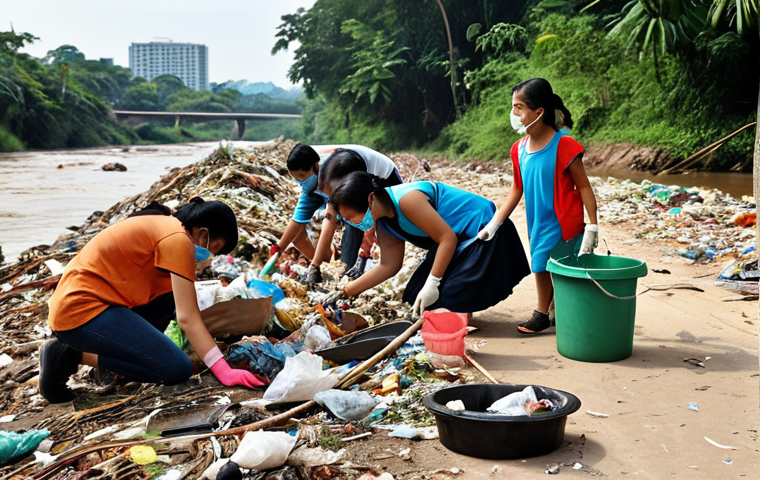 **

"A diverse group of Malaysian people participating in a *gotong-royong* (community cleanup) river cleanup. Focus on the teamwork and positive atmosphere. Show various ages, ethnicities, and backgrounds working together to collect trash from a heavily polluted riverbank. In the background, polluted river. The scene should feel hopeful and proactive."

**