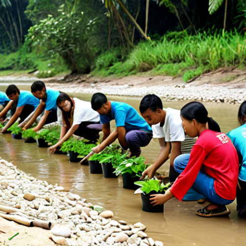 Home 6 **A group of volunteers planting trees along a riverbank in Malaysia. Focus on local plant species, clear water, and community involvement.**